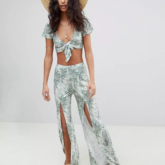 ASOS Green Tropical Palm Print Split Front Wide Leg Pants Women’s Size 6 - Picture 1 of 10